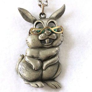 Vintage Jonette Pewter Bunny Necklace w/ Hinged Glasses, 23" Chain